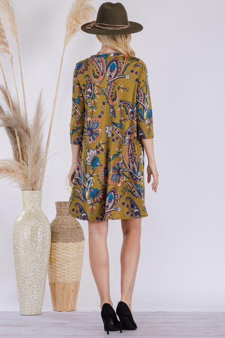 Celeste Full Size Paisley Print Round Neck Dress with Pockets | Trendsi