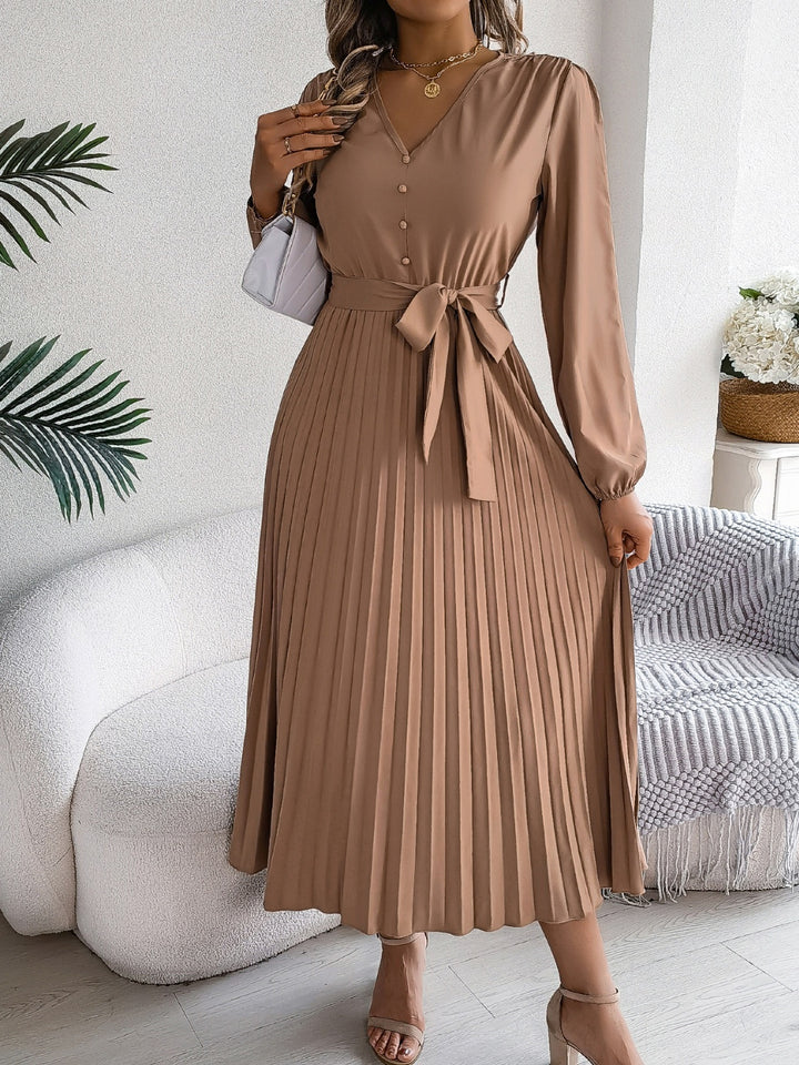 Pleated Tied V-Neck Long Sleeve Dress | Trendsi