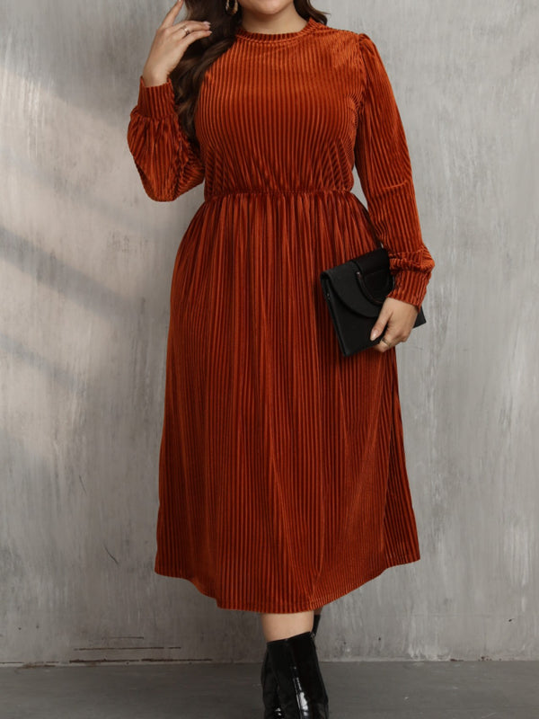 Plus Size Round Neck Long Sleeve Midi Dress | Trendsi