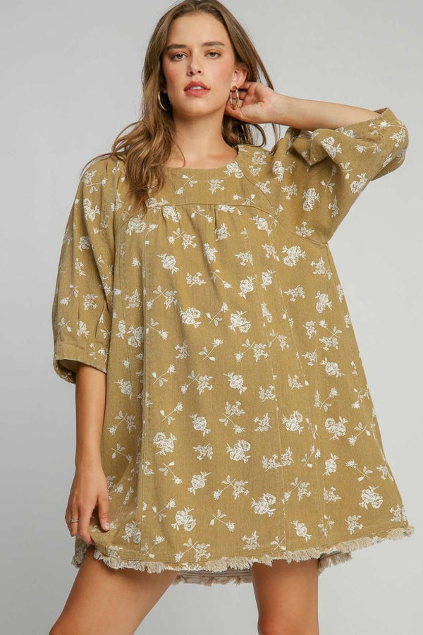 Umgee Raw Hem Floral Print Round Neck Denim Dress | Trendsi