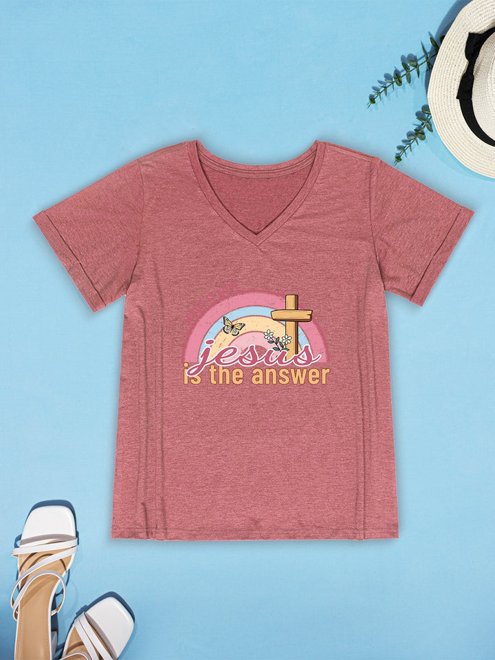 JESUS IS THE ANSWER V-Neck Short Sleeve T-Shirt | Trendsi