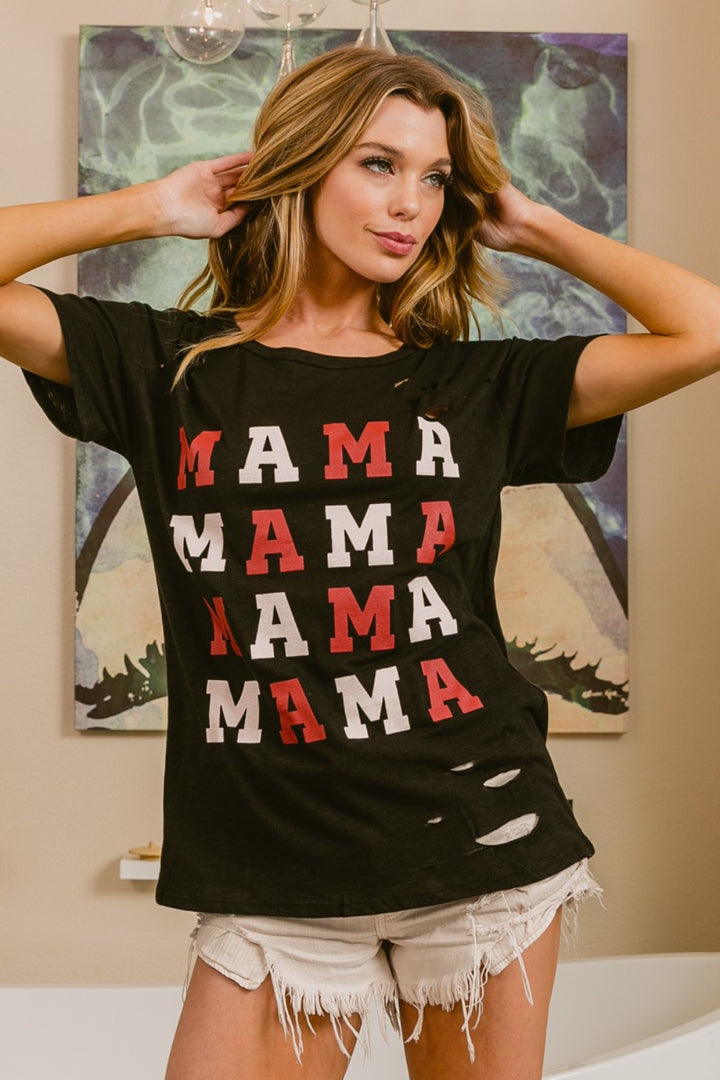 BiBi MAMA Graphic Distressed Short Sleeve T-Shirt | Trendsi