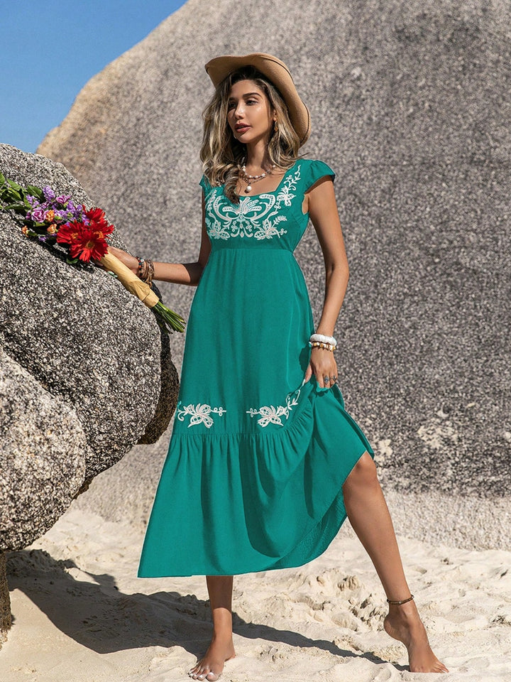 Embroidered Square Neck Cap Sleeve Dress | Trendsi