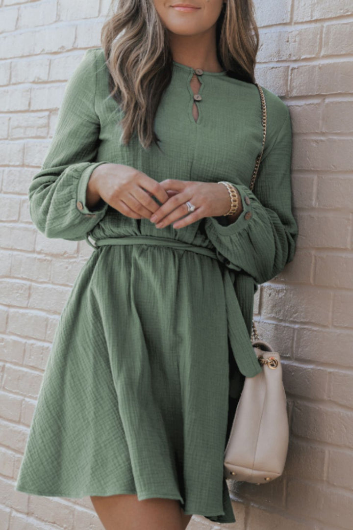 Round Neck Long Sleeve Tie Waist Dress | Trendsi