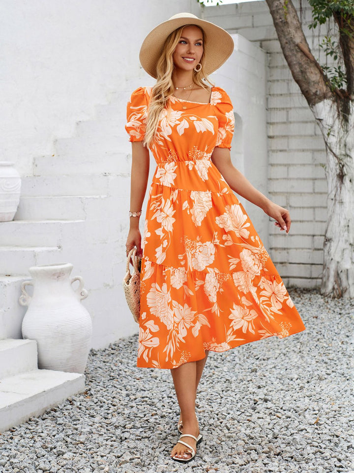 Printed Asymmetric Neck Short Sleeve Midi Dress | Trendsi