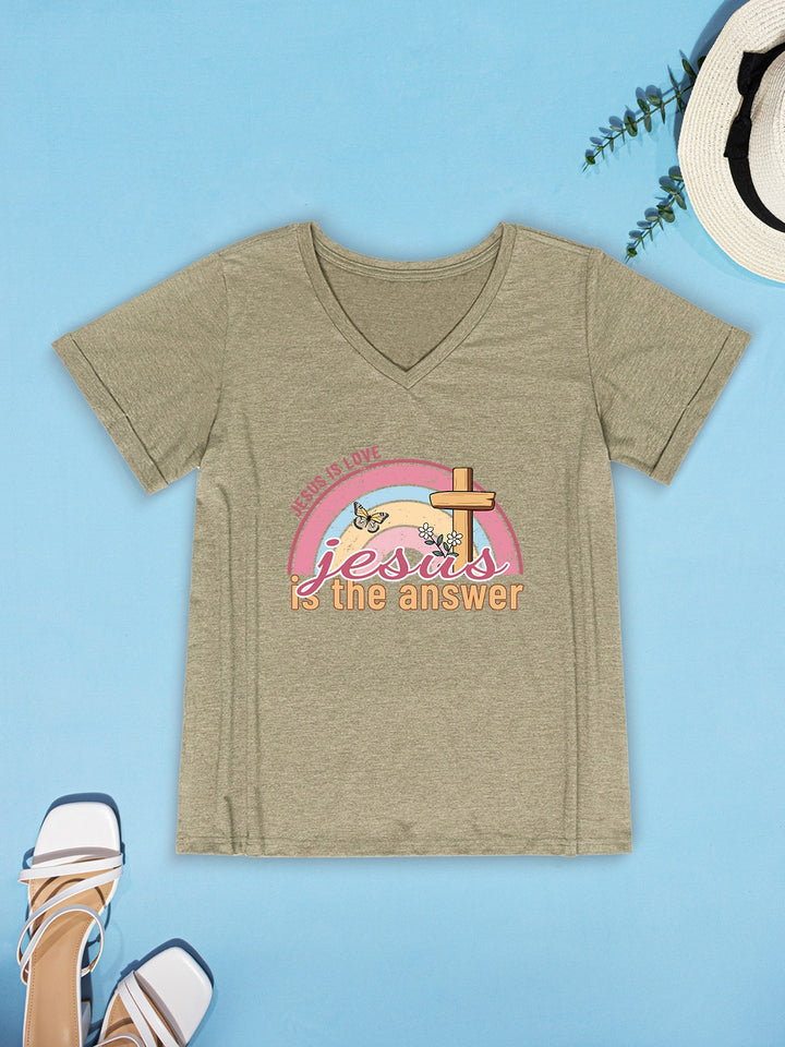 JESUS IS THE ANSWER V-Neck Short Sleeve T-Shirt | Trendsi