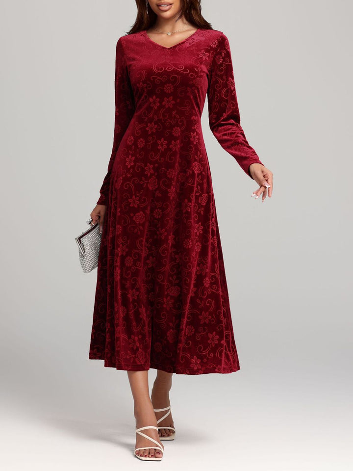 Flower Print V-Neck Long Sleeve Midi Dress | Trendsi