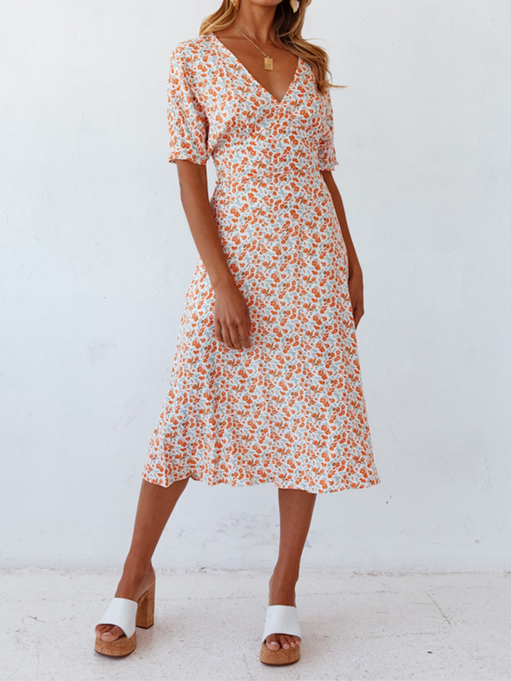 Ditsy Floral V-Neck Short Sleeve Midi Dress | Trendsi