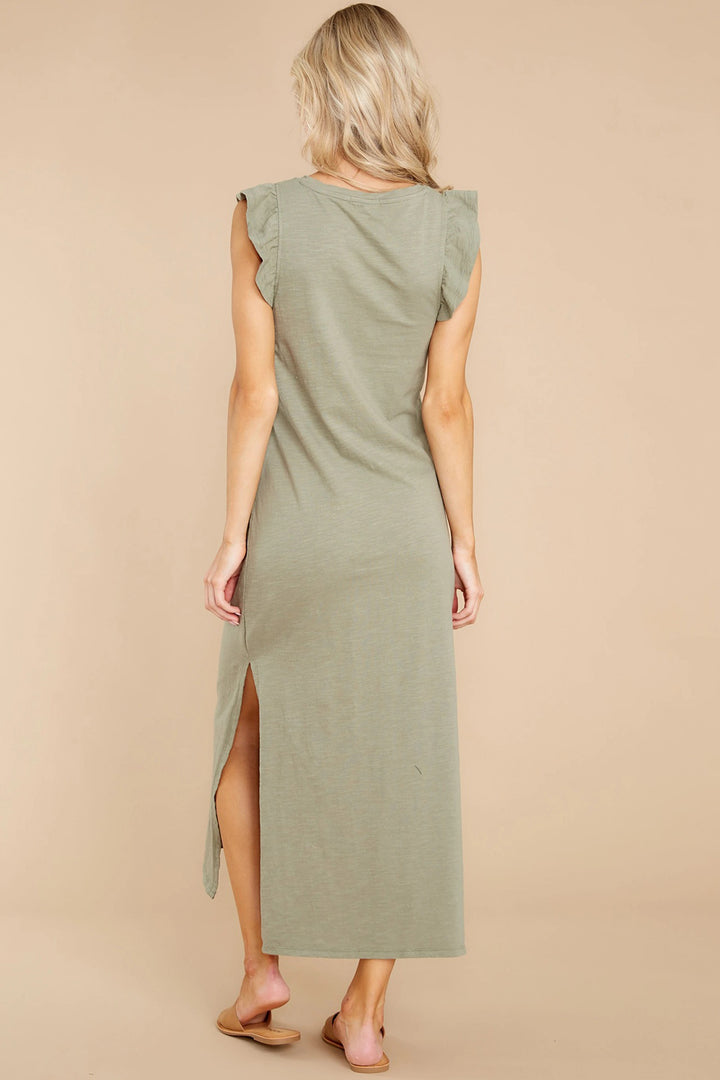 Ruffled Slit Round Neck Cap Sleeve Dress | Trendsi