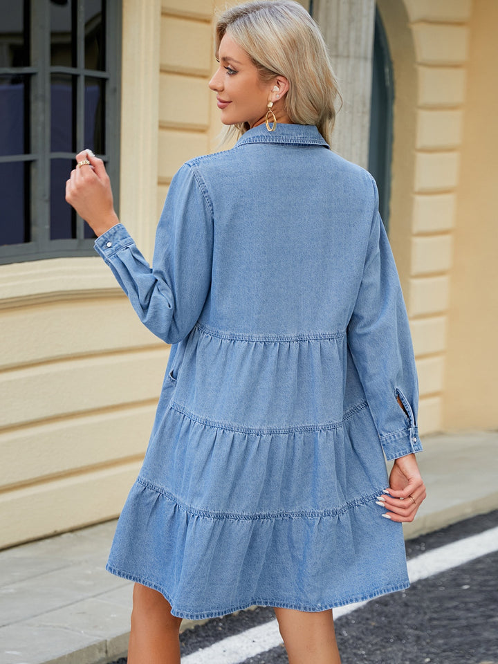 Tiered Button Up Long Sleeve Denim Dress | Trendsi