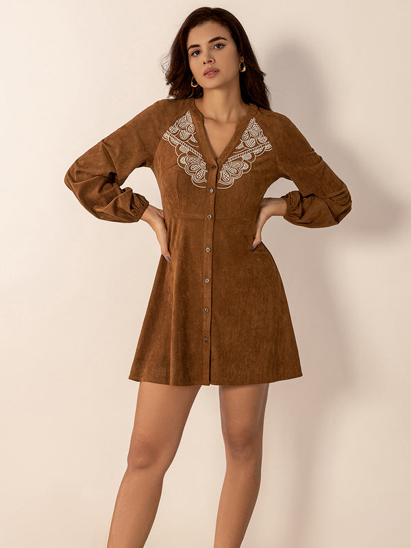 Notched Button Down Long Sleeve Mini Dress | Trendsi