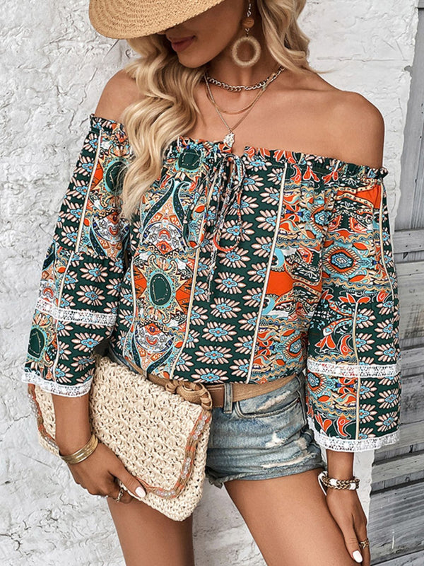 Perfee Printed Frill Trim Off-Shoulder Blouse | Trendsi