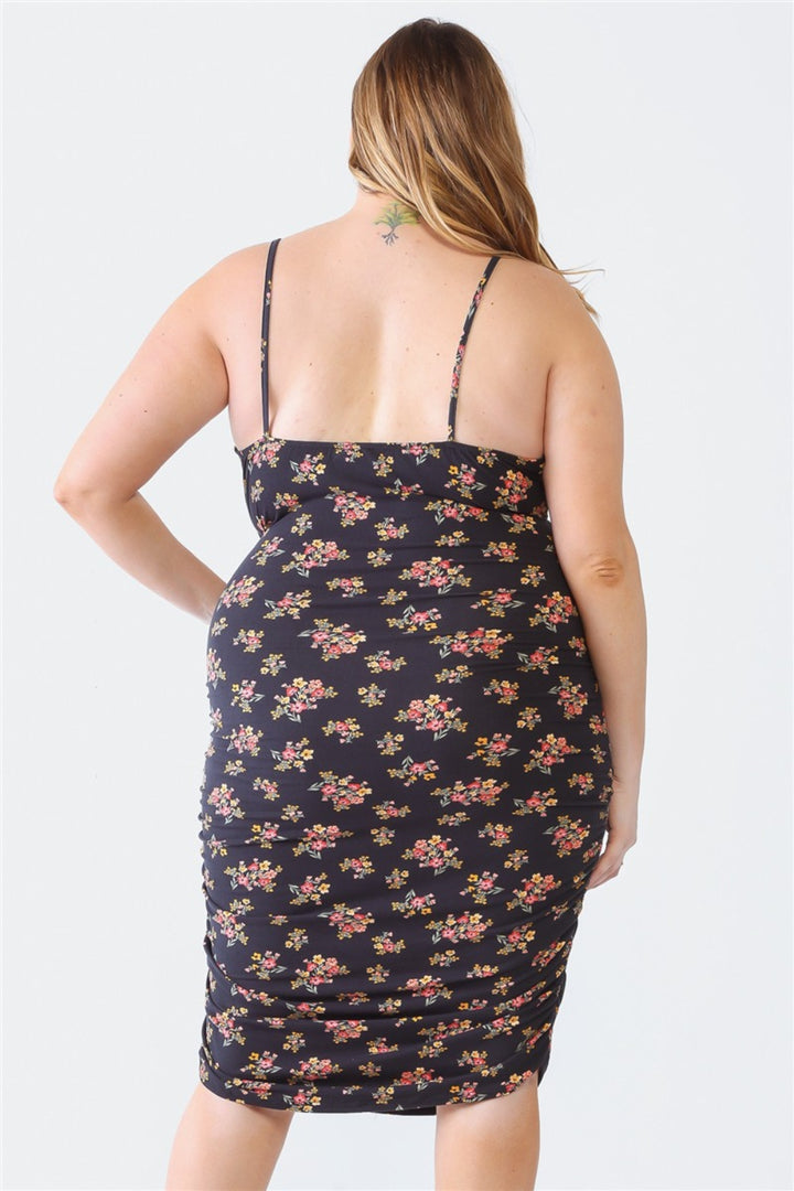 Blue Leopard Plus Size Ruched Floral Square Neck Cami Dress | Trendsi