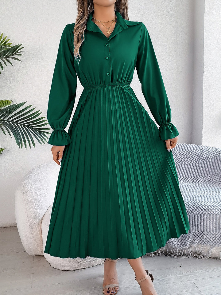 Pleated Half Button Long Sleeve Midi Dress | Trendsi