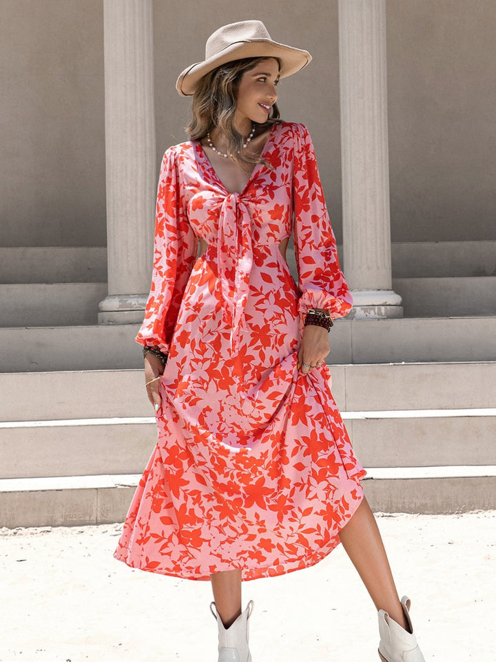 Tied Cutout Printed Long Sleeve Midi Dress | Trendsi