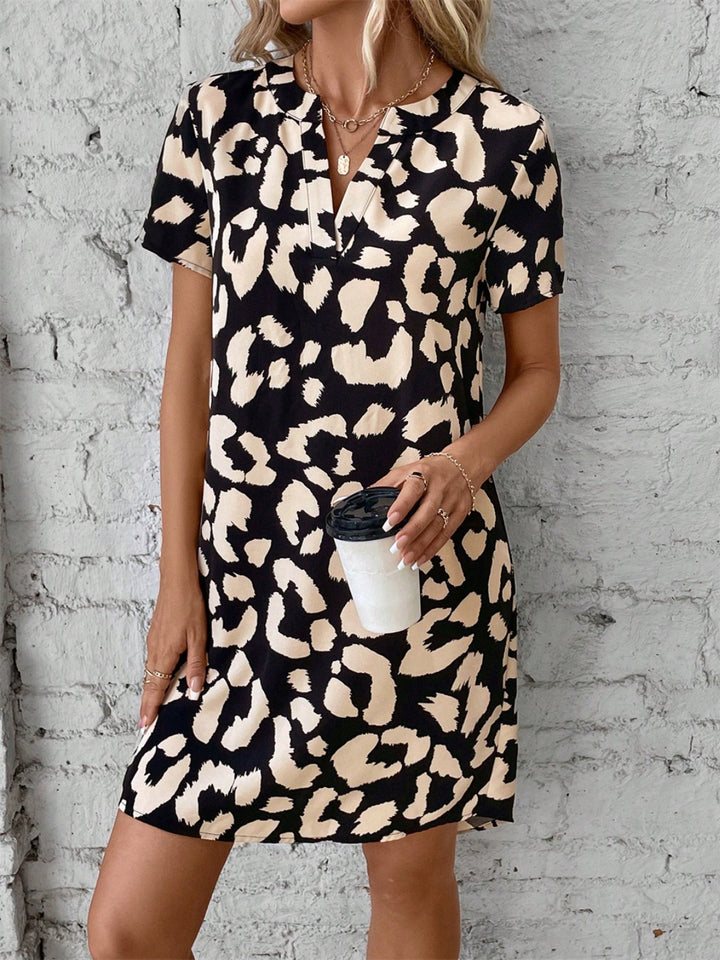 Printed Notched Short Sleeve Mini Dress | Trendsi