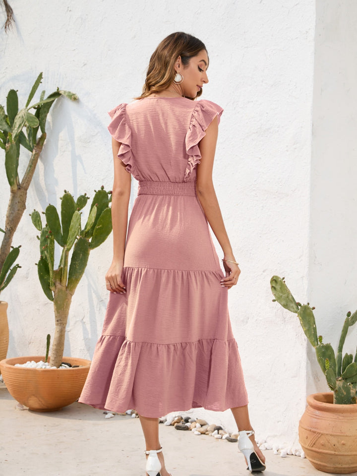 Tiered Ruffled V-Neck Cap Sleeve Dress | Trendsi