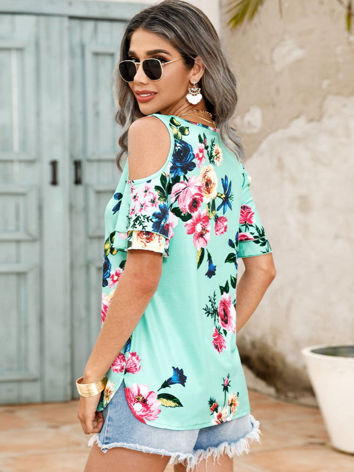 Shiny Floral Cold-Shoulder Short Sleeve Top | Trendsi