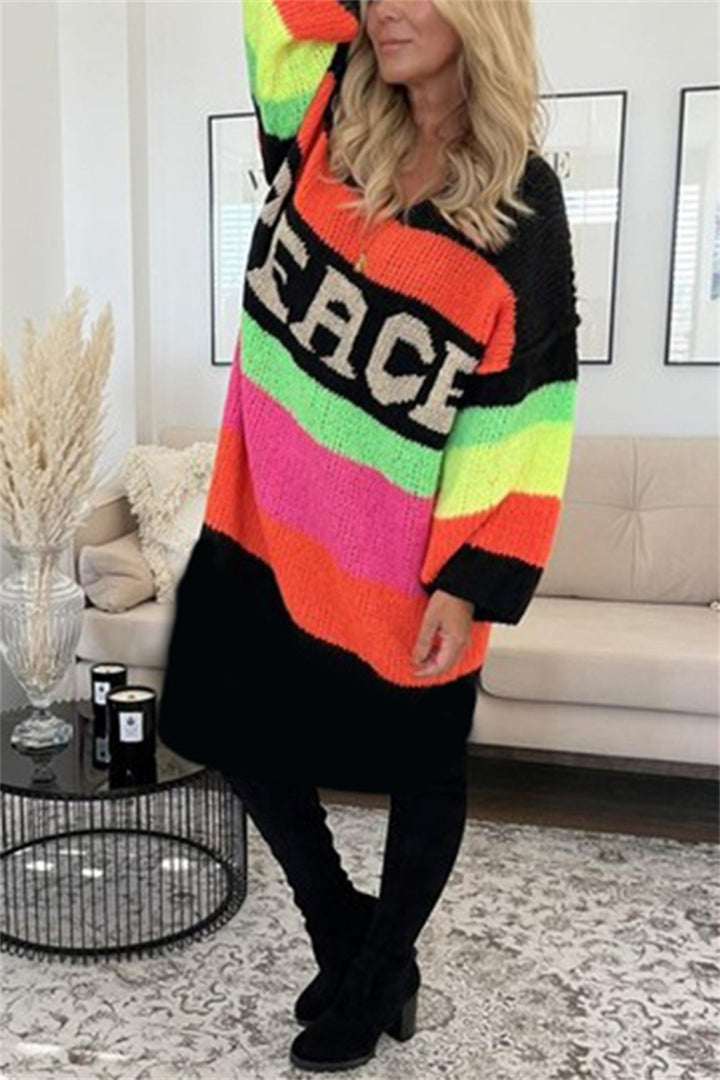 Color Block V-Neck Long Sleeve Sweater Dress | Trendsi