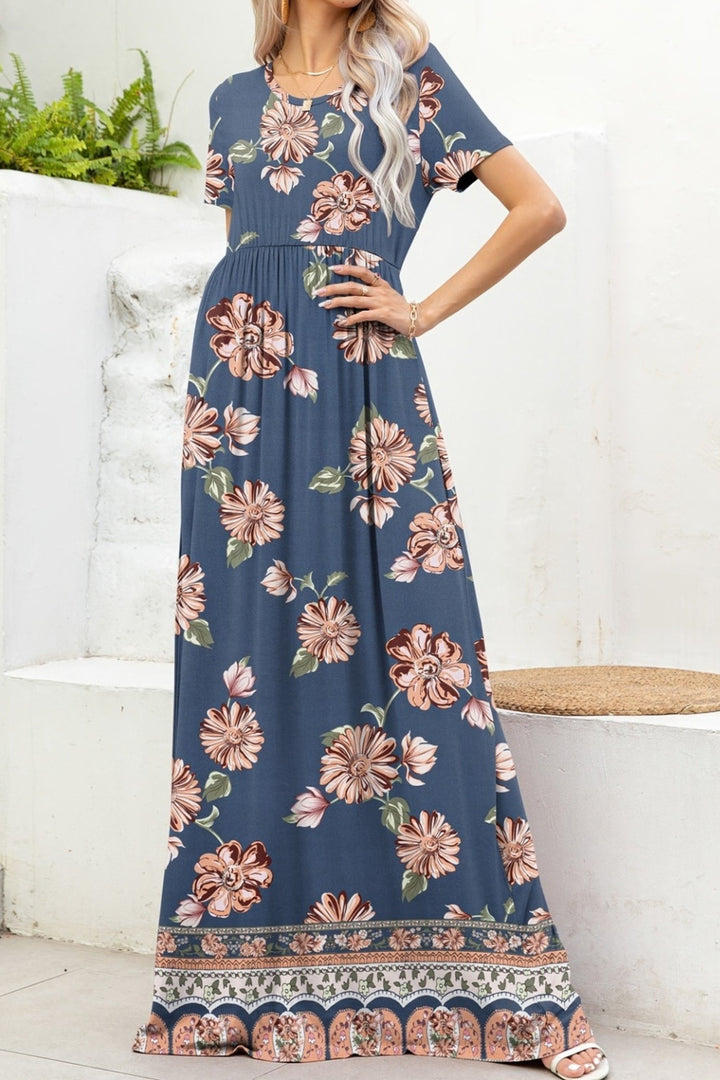 Printed Round Neck Short Sleeve Maxi Dress | Trendsi