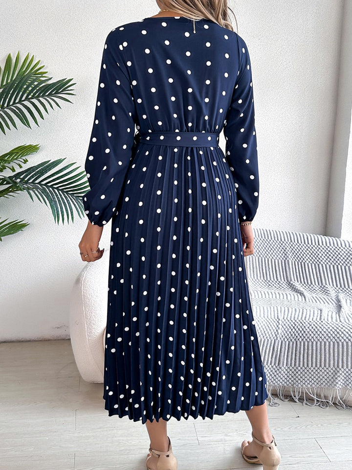 Tied Polka Dot Long Sleeve Midi Dress | Trendsi