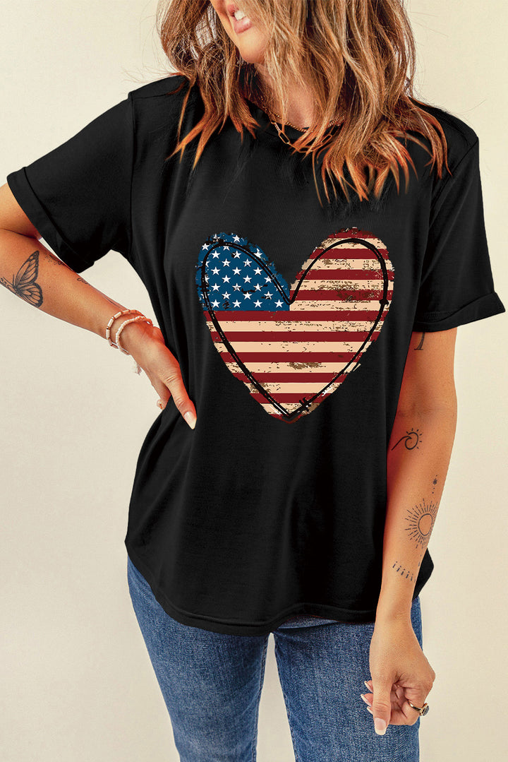 Stars and Stripes Heart Round Neck Short Sleeve T-Shirt | Trendsi