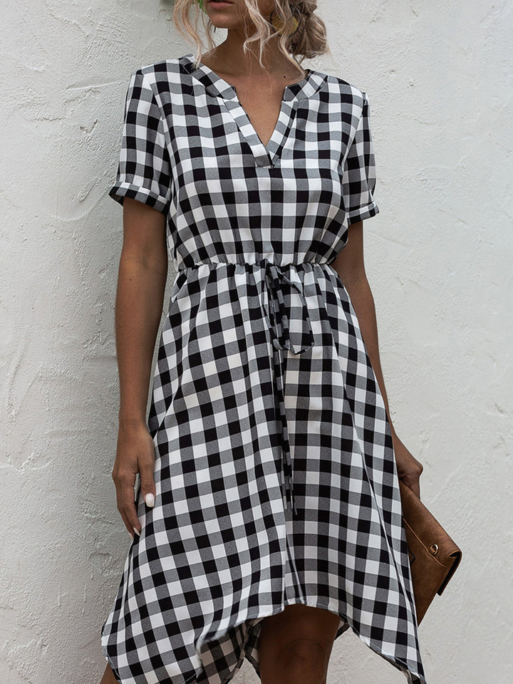 Plaid Notched Short Sleeve Dress | Trendsi