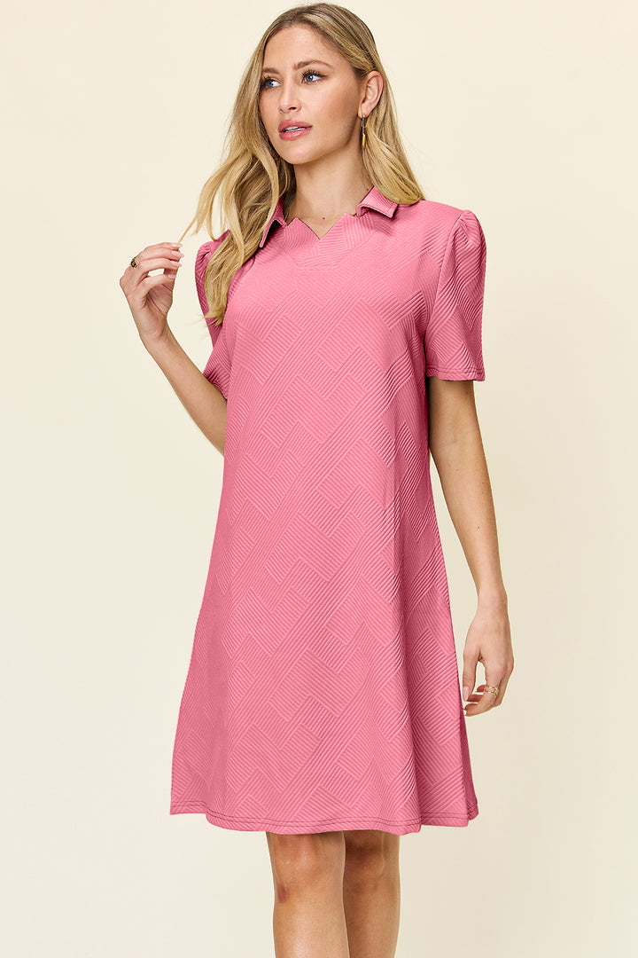 Double Take Full Size Texture Collared Neck Short Sleeve Dress | Trendsi