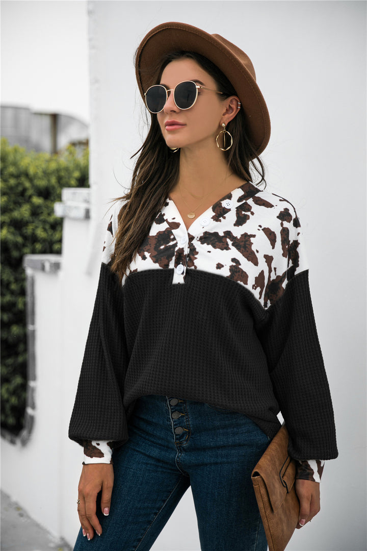 Animal Print Color Block Waffle-Knit Top | Trendsi