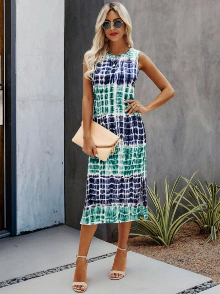 Slit Printed Round Neck Sleeveless Dress | Trendsi