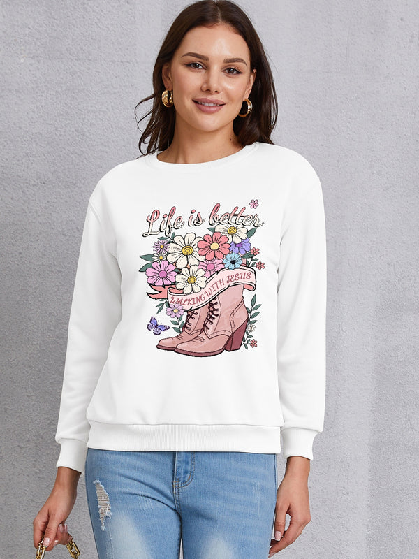 Graphic Round Neck Long Sleeve Sweatshirt | Trendsi