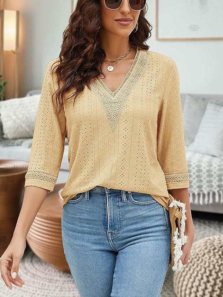 V-Neck Eyelet Blouse | Trendsi