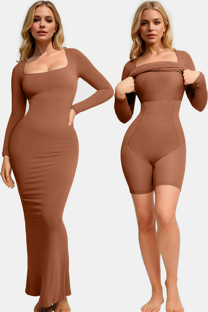 Basic Bae Built-In Shapewear Square Neck Long Sleeve Maxi Dress | Trendsi