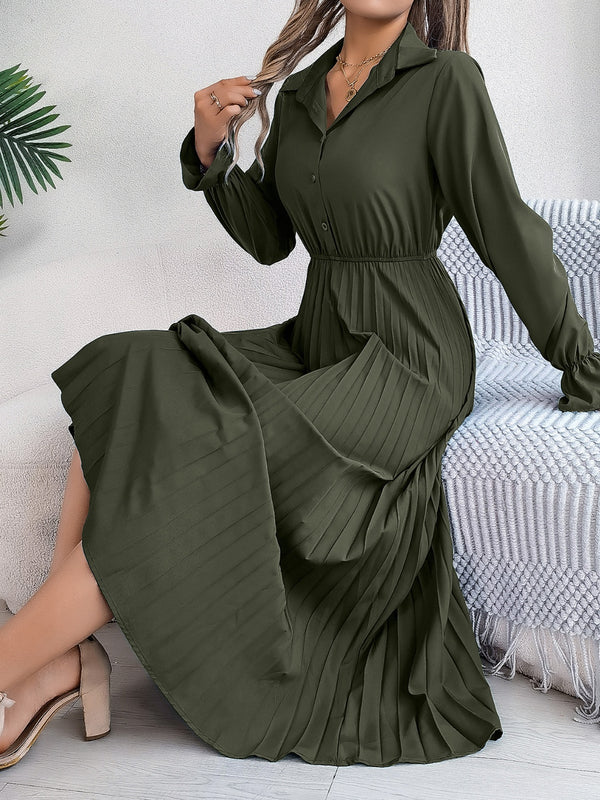 Pleated Half Button Long Sleeve Midi Dress | Trendsi