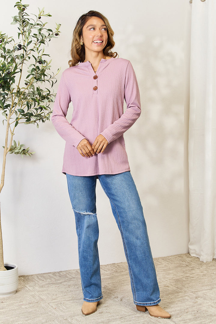 Celeste Full Size Texture Half Button Long Sleeve Blouse | Trendsi