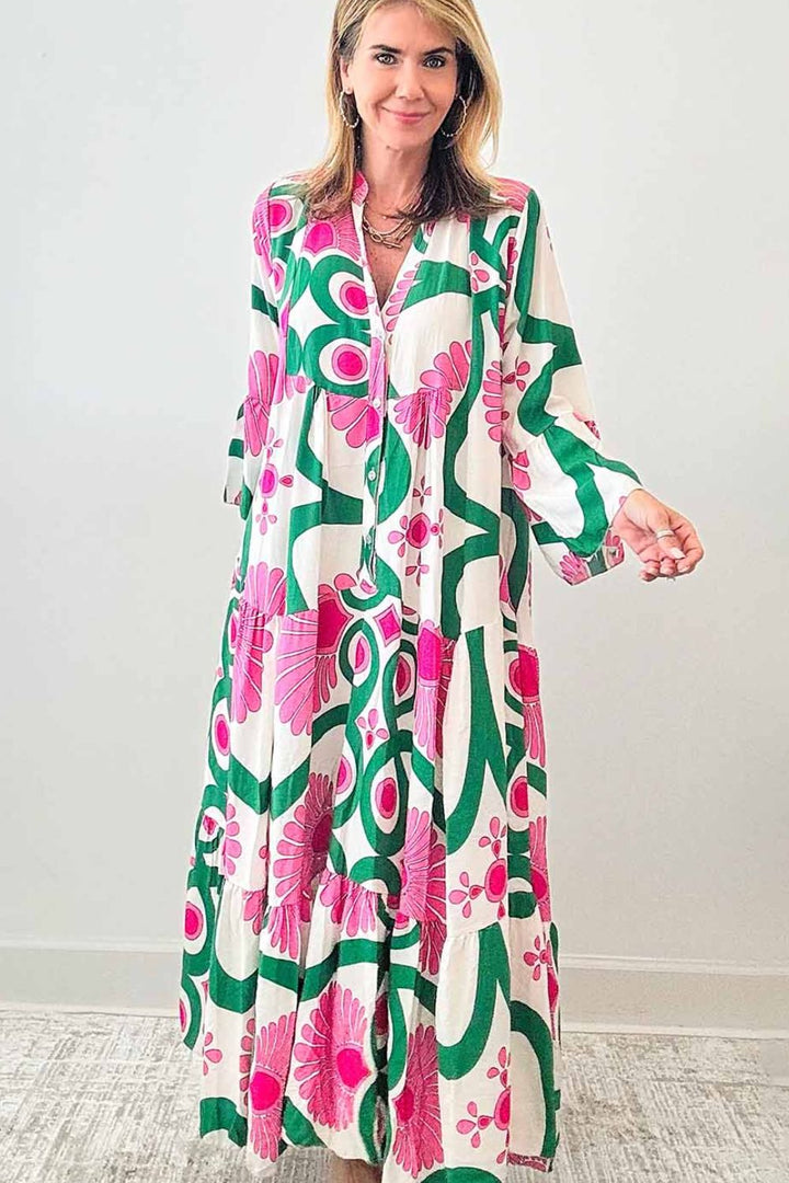 Printed Notched Long Sleeve Maxi Dress | Trendsi