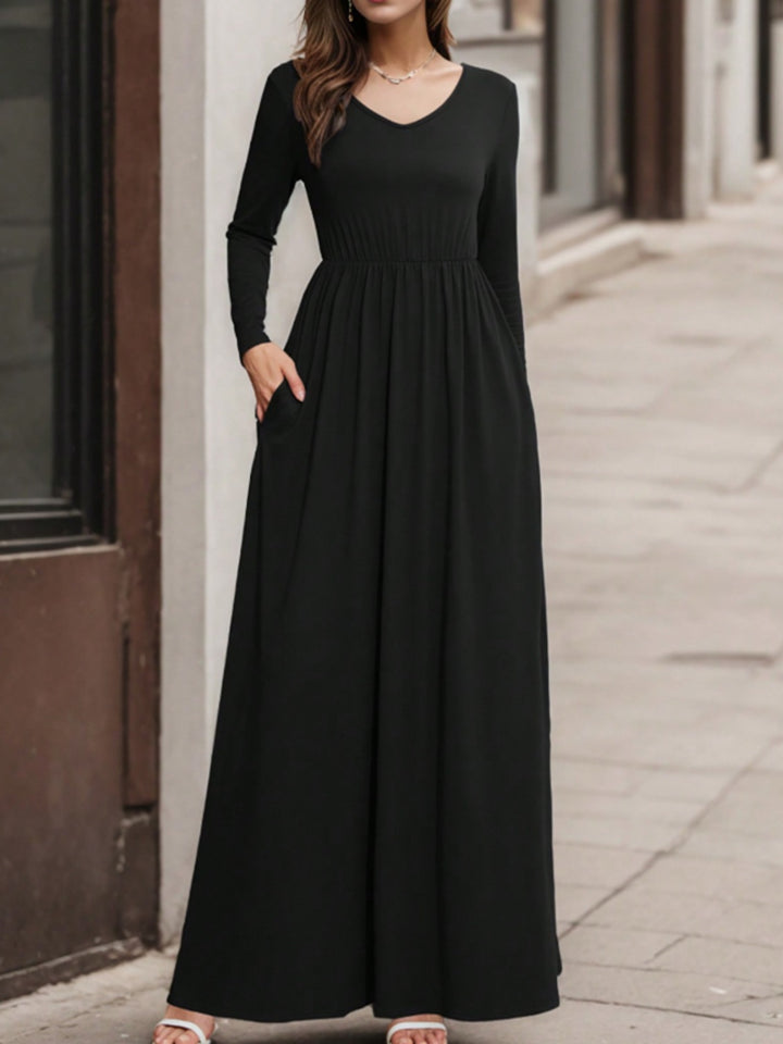 Pocketed V-Neck Long Sleeve Maxi Dress | Trendsi