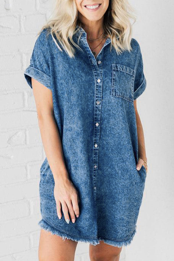 Raw Hem Pocketed Cap Sleeve Denim Dress | Trendsi