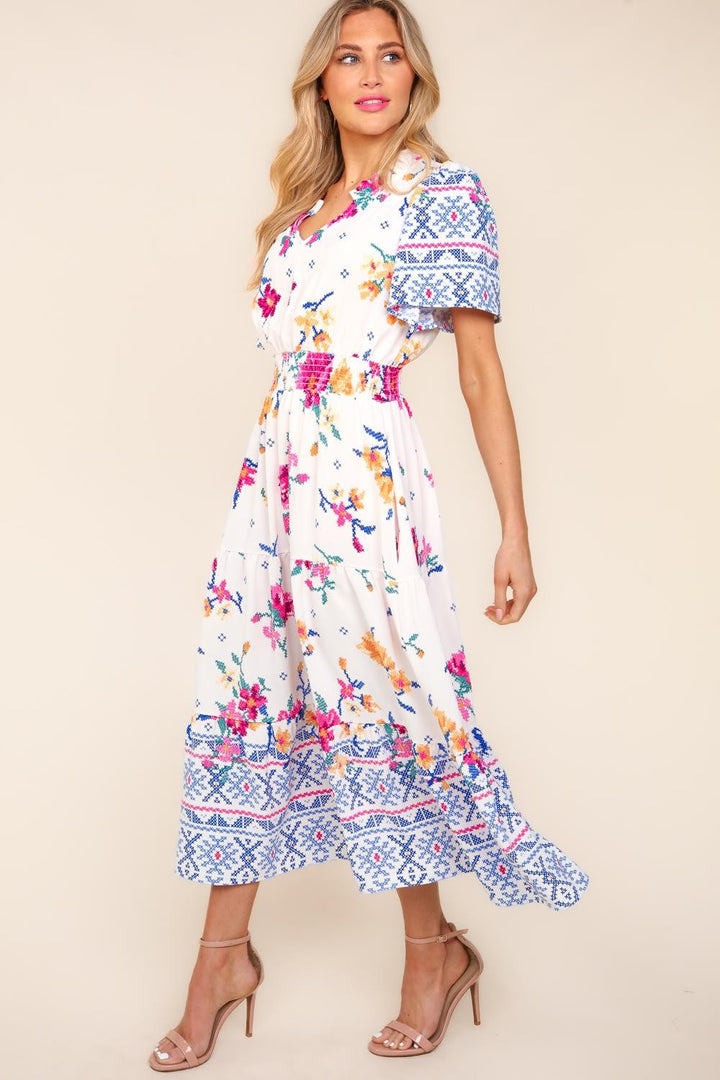 Haptics Printed Notched Short Sleeve Tiered Dress | Trendsi