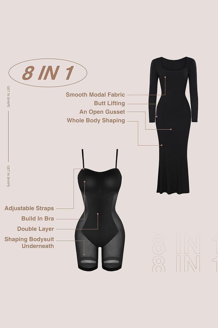 Basic Bae Built-In Shapewear Square Neck Long Sleeve Maxi Dress | Trendsi