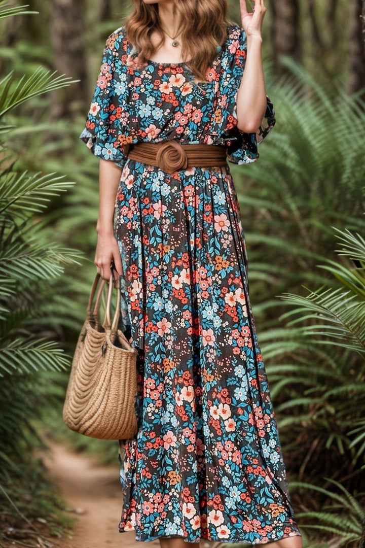 Tied Printed Round Neck Half Sleeve Dress | Trendsi