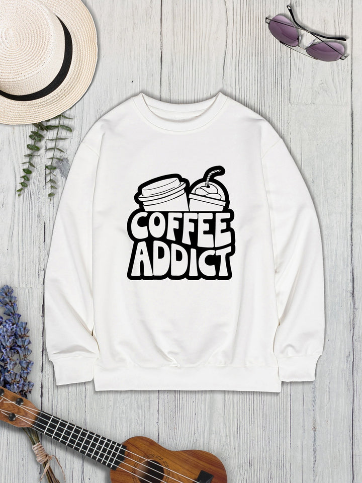 COFFEE ADDICT Round Neck Dropped Shoulder Sweatshirt | Trendsi