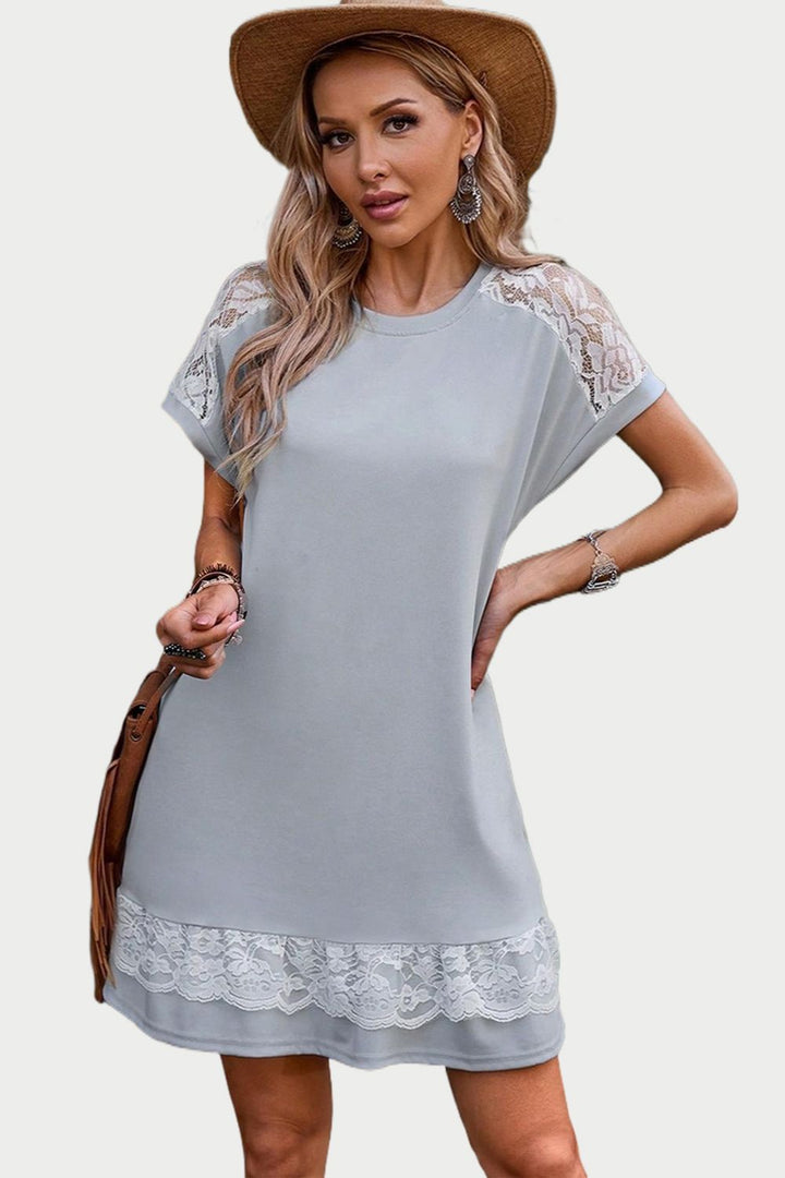 Lace Detail Round Neck Short Sleeve Dress | Trendsi