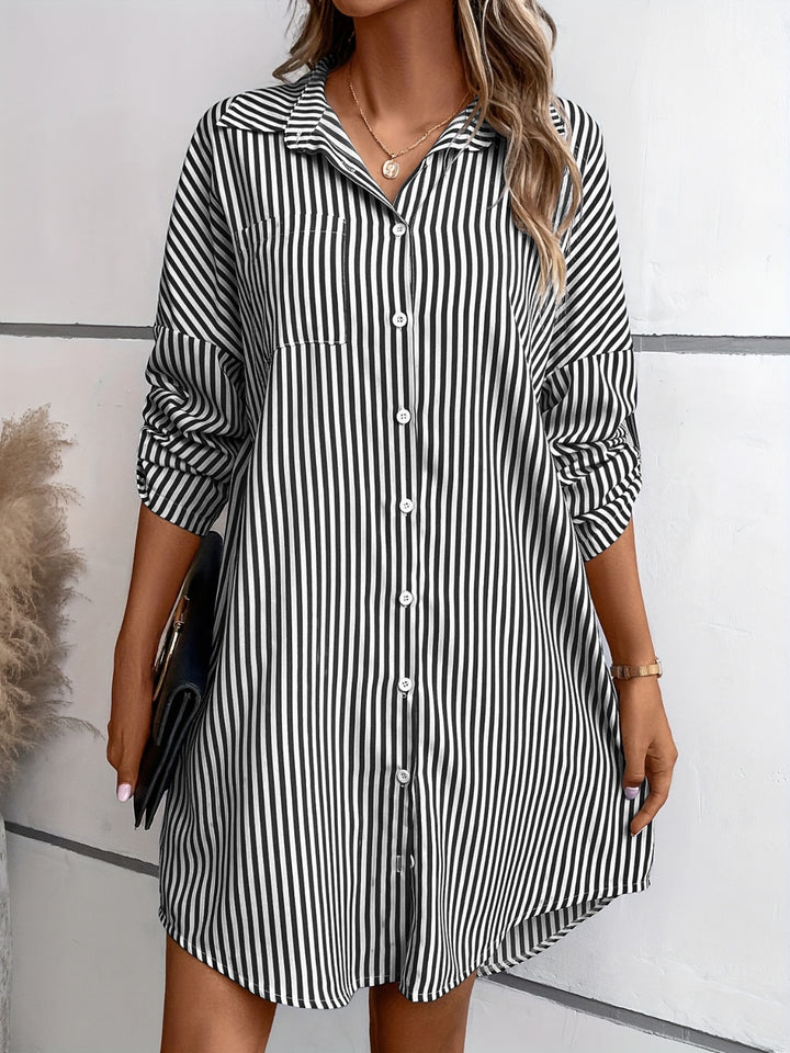 Striped Button Up Long Sleeve Mini Shirt Dress | Trendsi