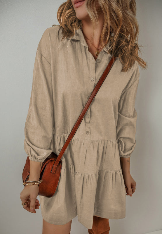 Tiered Collared Neck Balloon Sleeve Shirt Dress | Trendsi