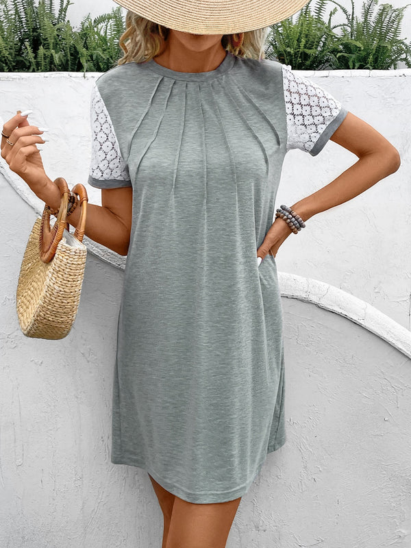 Lace Detail Round Neck Short Sleeve Mini Dress | Trendsi