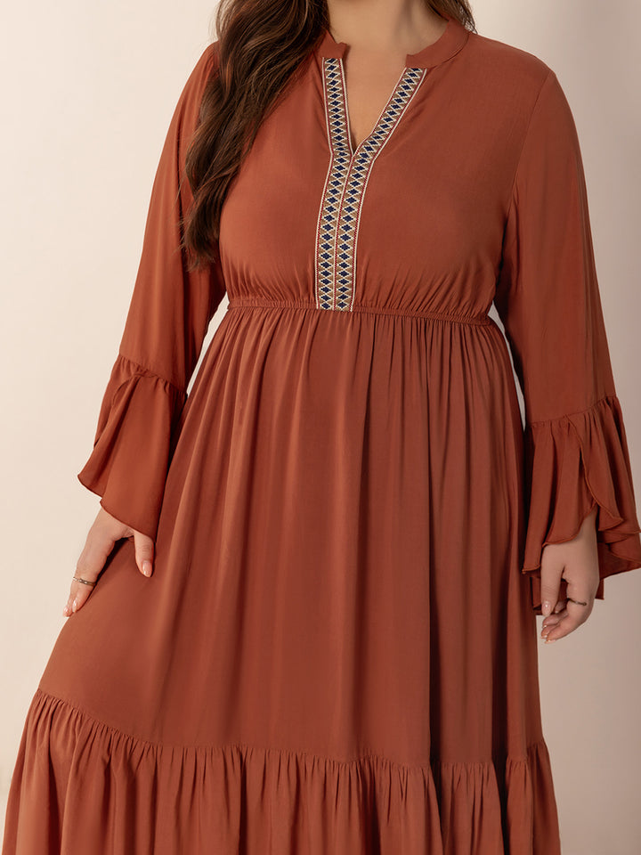 Plus Size Ruffled Notched Long Sleeve Midi Dress | Trendsi