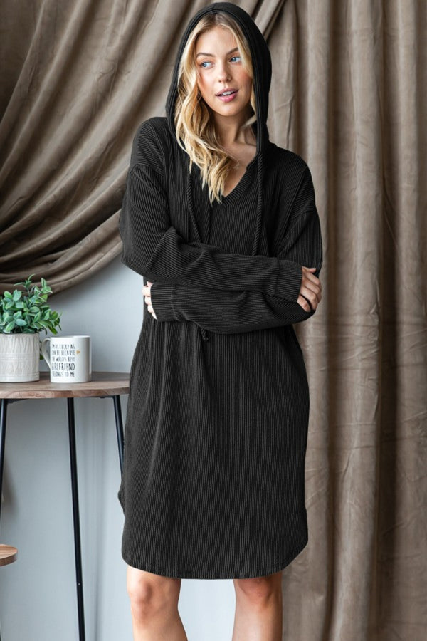 Heimish Ribbed Long Sleeve Hooded Dress | Trendsi