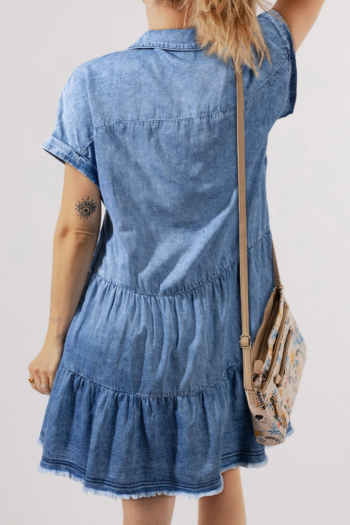 Raw Hem Collared Neck Short Sleeve Denim Dress | Trendsi