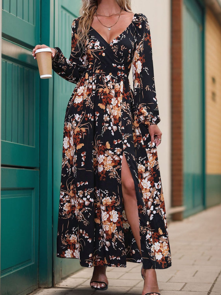 Slit Printed Surplice Long Sleeve Maxi Dress | Trendsi